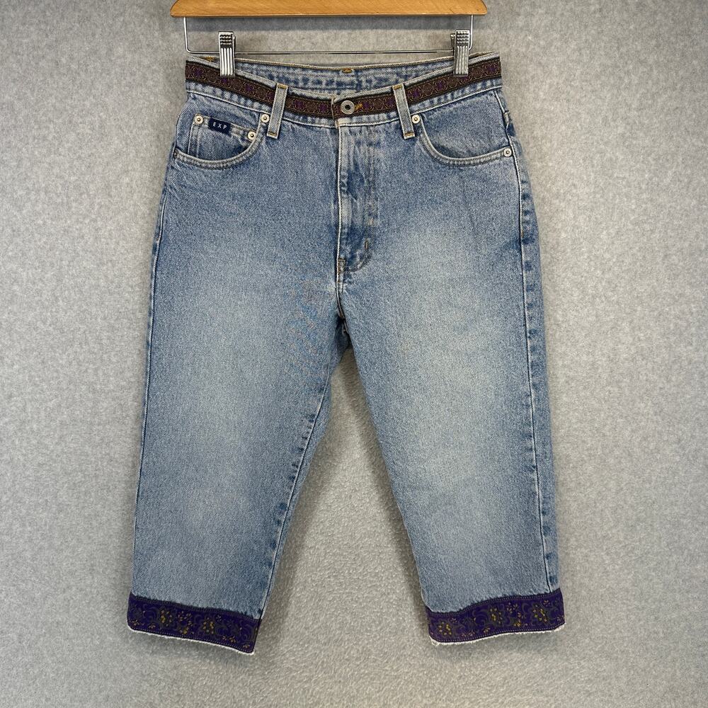 Express Bleus Jeans Womens Size 5/6 Blue Floral Trim Cropped Cotton Capris